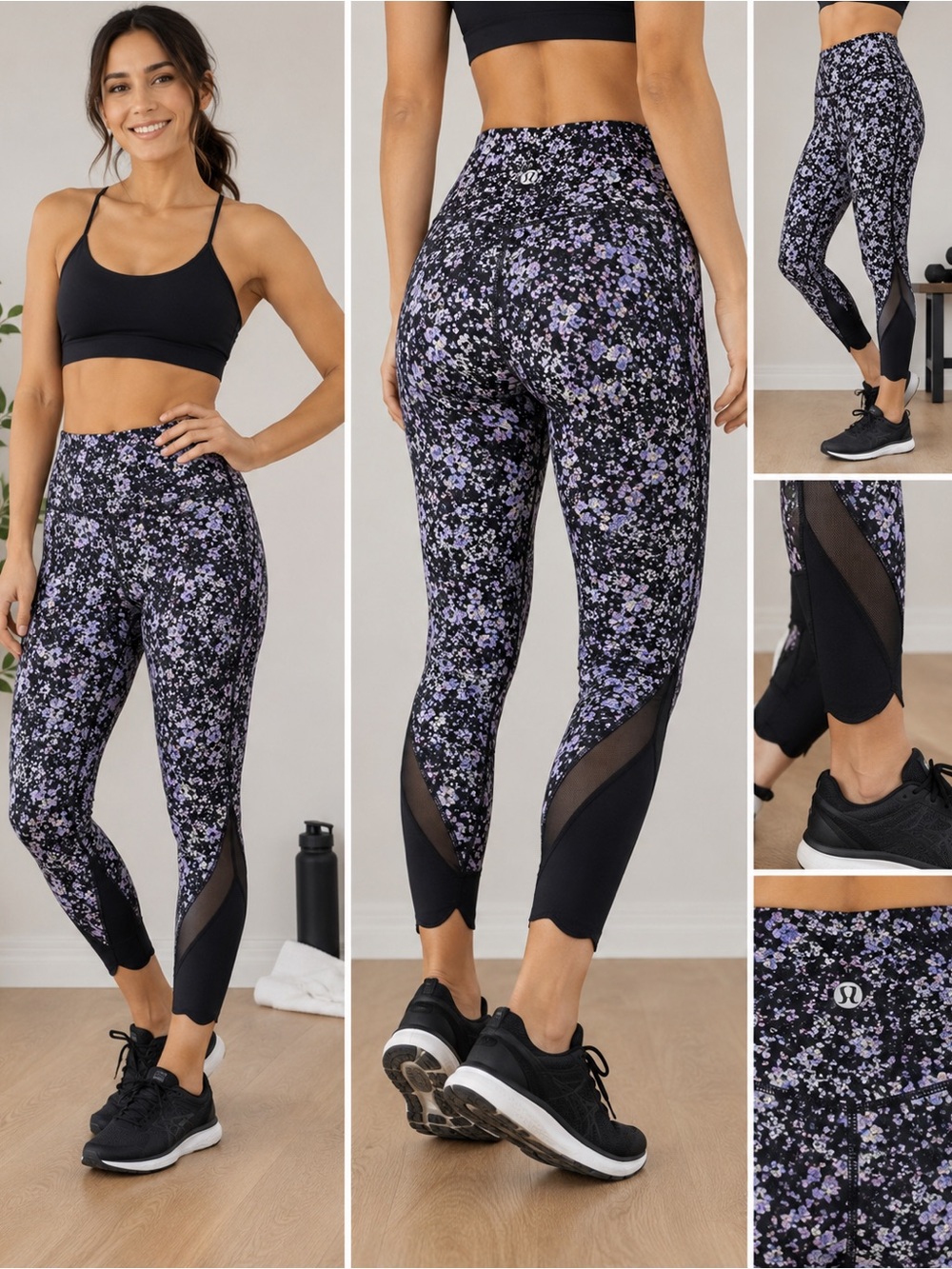 Lululemon Pace Rival Crop 22” Floral Mesh Leggings Size 4 Est Black Purple
